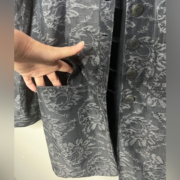 Liz Claiborne Collection Grey Floral Boho Silk Linen Longline Blazer Pockets - Picture 6 of 7